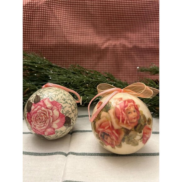 Set of 2 Decoupage Cottage Rose Angel Cherub Pink Paper Victorian Christmas Tree - Picture 3 of 3